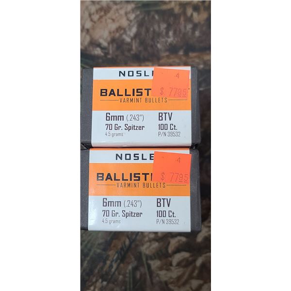 2 BOXES OF NOSLER 6MM (243) 70GR BTV. 100/BOX