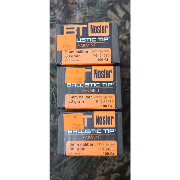3 BOXES OF NOSLER 6MM (243) 80GR BTV. 100/BOX
