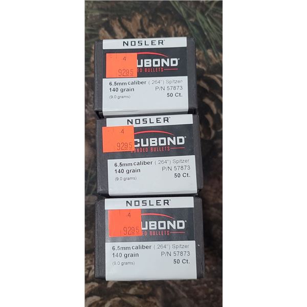 3 BOXES OF NOSLER 6.5MM (264) SPITZER 140GR ACCUBOND 50/BOX