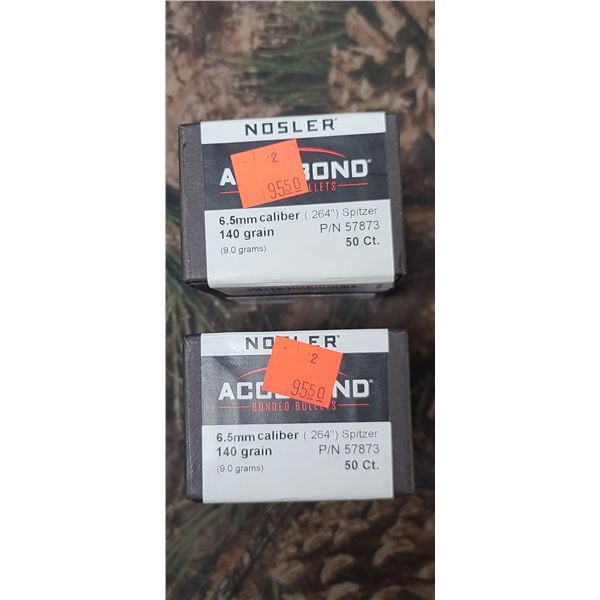 2 BOXES OF NOSLER 6.5MM (264) SPITZER 140GR ACCUBOND 50/BOX