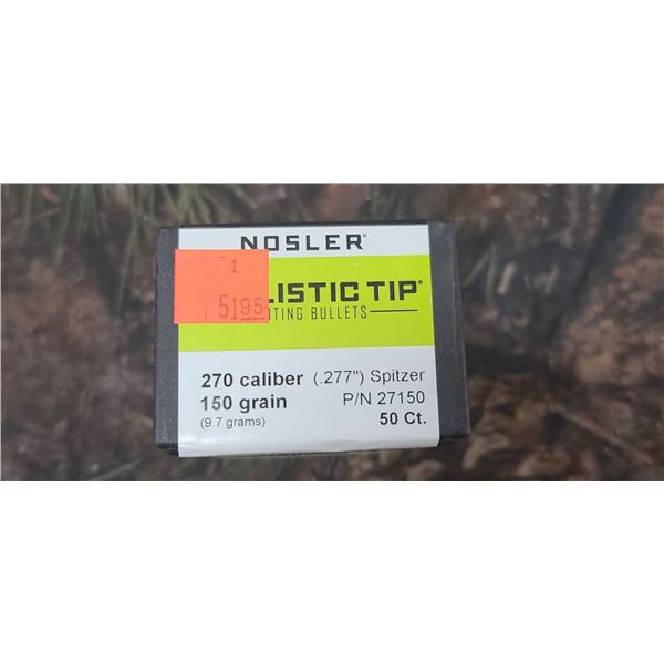 BOX OF NOSLER 270 CAL (277) SPITZER 150GR, BALLISTIC TIP. 50/BOX