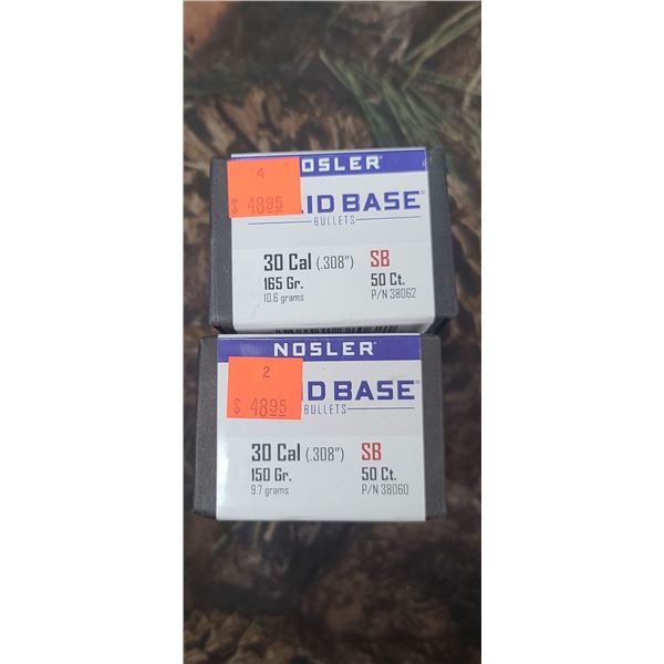2 BOXES OF NOSLER SOLID BASE 30CAL (.308) - 1 BOX IS 150GR, THE OTHER IS 165GR