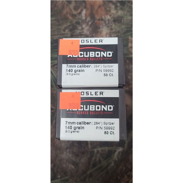 2 BOXES OF NOSLER 7MM 140GR (284) SPITZER ACCUBOND BULLETS. 50/BOX