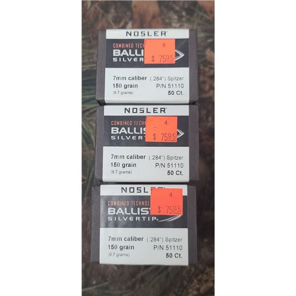 3 BOXES OF NOSLER 7MM 150GR (284) SPITZER BALLISTIC SILVER TIP