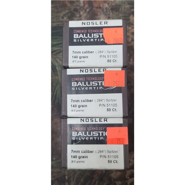 3 BOXES OF NOSLER 7MM 140GR (284) SPITZER BALLISTIC SILVER TIP