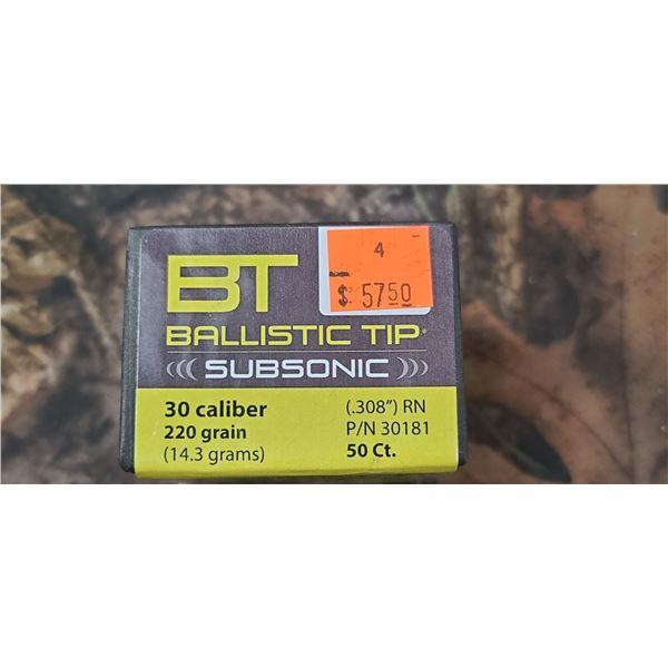 NOSLER 30CAL 220GR, 308, ROUND NOSE BALLISTIC TIP SUBSONIC 50/BOX
