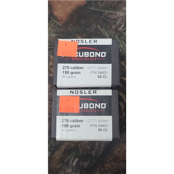 2 BOXES OF NOSLER 270CAL 150GR, 277 SPITZER ACCUBONS. 50/BOX