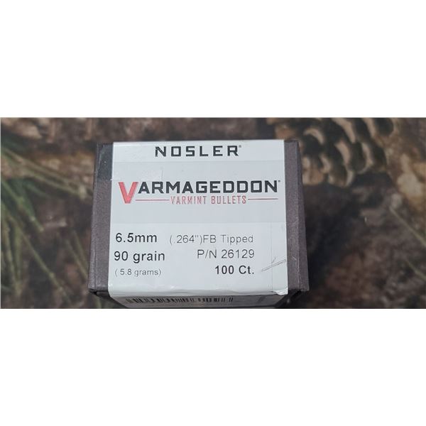 BOX OF NOSLER ARMAGEDON VARMINT BULLERS 6.5MM 90GR, 264, FB TIPPED, 100/BOX
