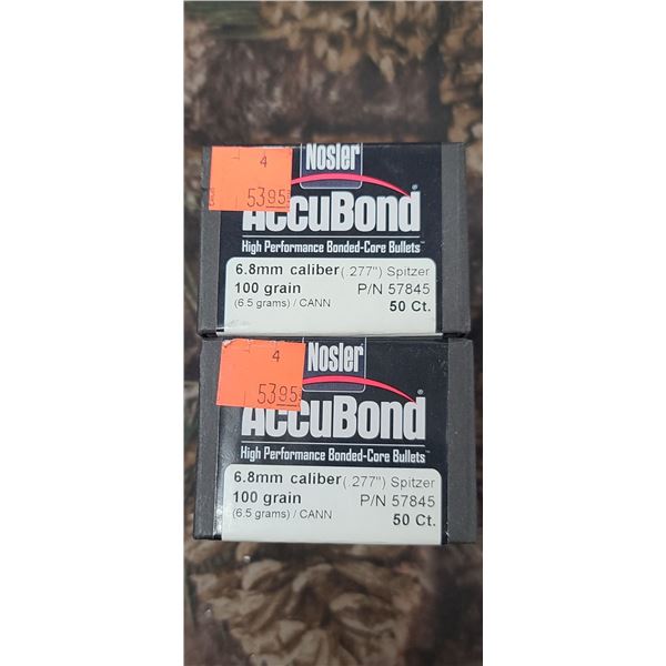 2 BOXES OF NOSLER 6.8MM, .277" SPITZER 100GR. ACCUBOND HIGH PERFORMANCE BONDED CORE BULLETS  - 50/BO