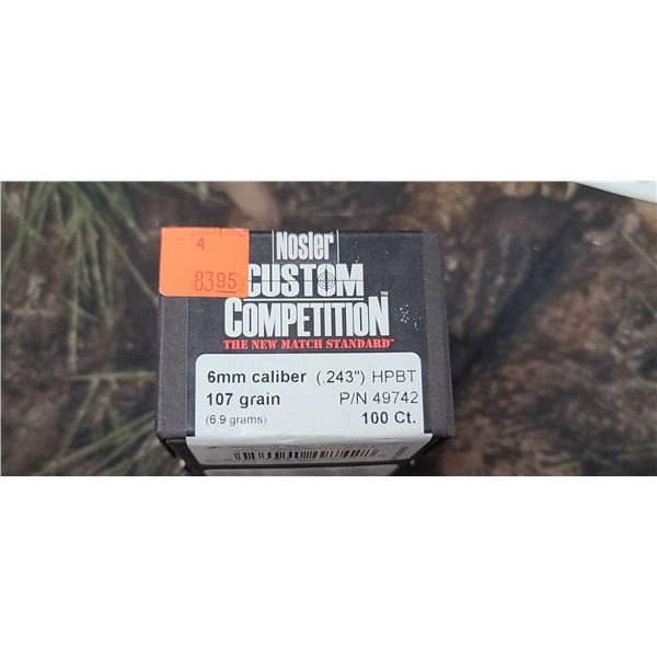 BOX OF NOSLER 6MM .243" MPBT 107GR. CUSTOM COMPETITION 100/BOX