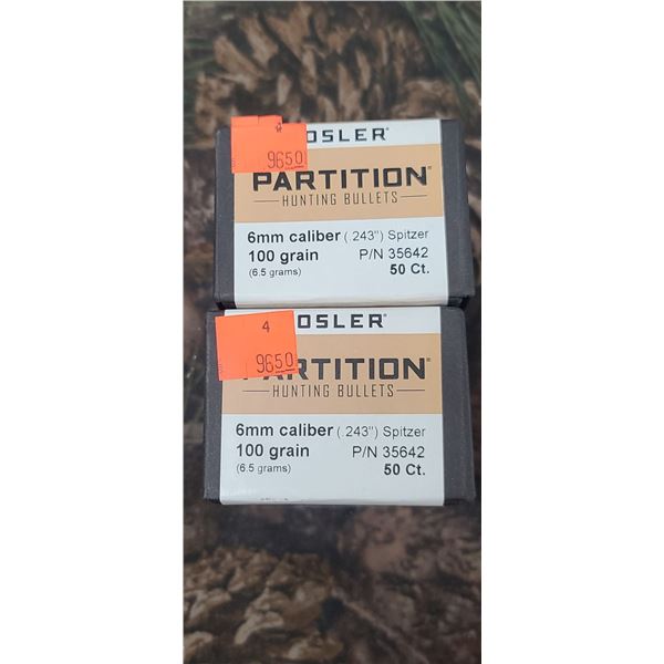 2 BOXES OF NOSLER PARTITION 6MM, 100 GR. 243 SPITZER 50/BOX