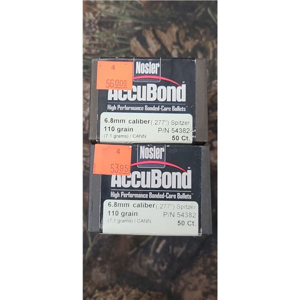 2 BOXES OF NOSLER 6.8MM, 110GR .277" SPITZER HIGH PERFORMANCE BONDED-CORE BULLETS 50/BOX