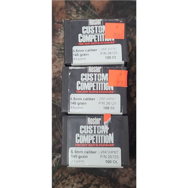 3 BOXES OF NOSLER 6.5MM 140GR .264" HPBT CUSTOM COMPETITION 100/BOX