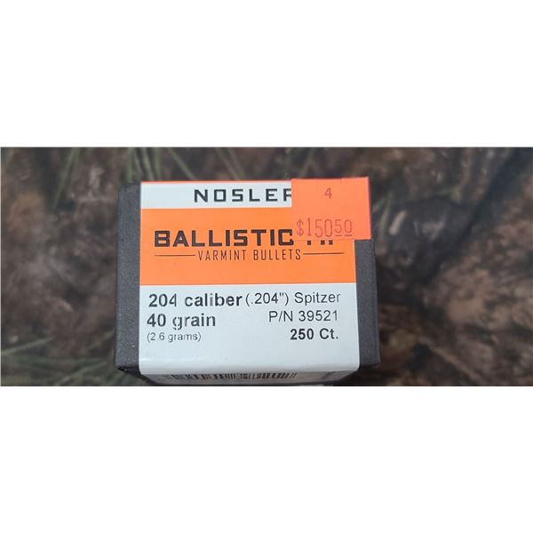 BOX OF NOSLER 204 CAL 40GR SPITZER BALLISTIC TIP VARMINT BULLETS 250 COUNT