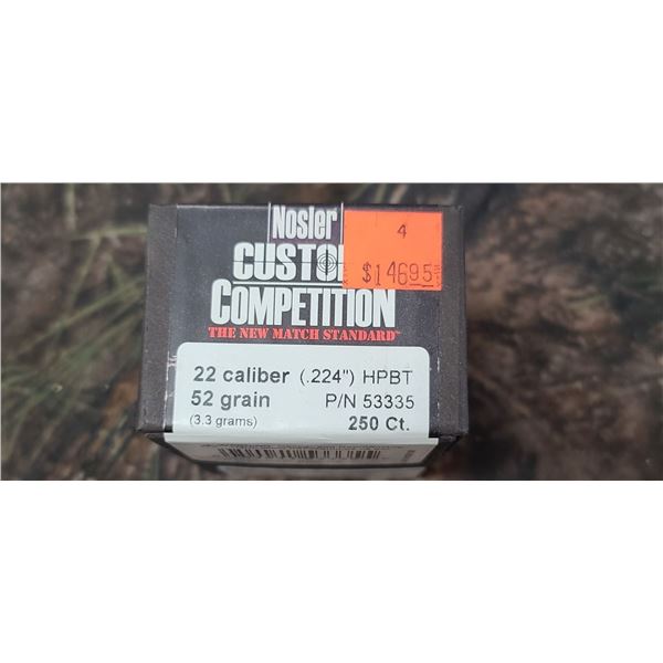 BOX OF NOSLER 22CAL .224" HPBT 52GR CUSTOM COMPETITION 250/BOX