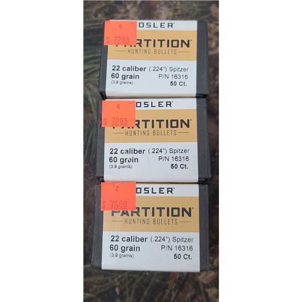 3 BOXES OF NOSLER PARTITION 22CAL .224" SPITZER 60GR 50/BOX