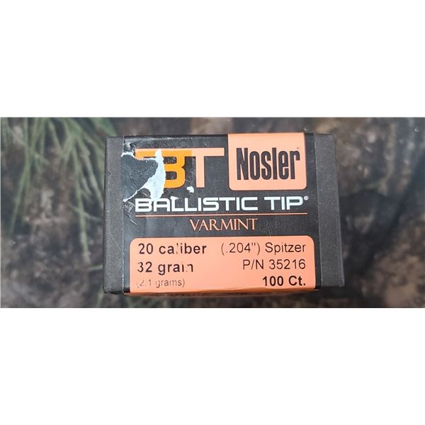 BOX OF NOSLER BALLISTIC TIP 20CAL, 32GR .204" SPITZER 100 COUNT