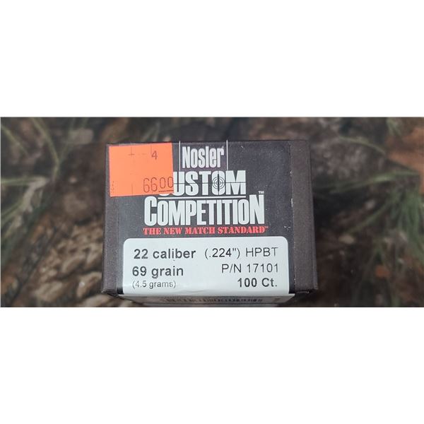 BOX OF NOSLER 22CAL .244" 69GR HPBT CUSTOM COMPETITION 100 COUNT