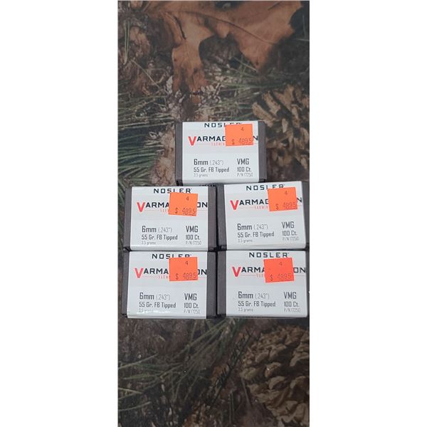 5 BOXES OF NOSLER 6MM .243" 55GR TIPPED VARMAGEDON 100/BOX
