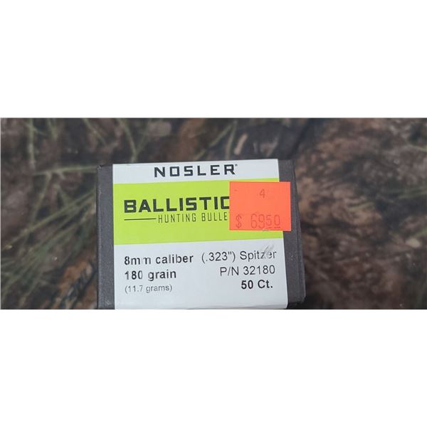 BOX OF NOSLER 8MM 180GR .323" SPITZER BALLISTIC TIP 50 COUNT