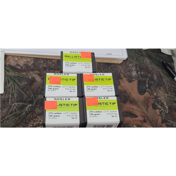5 BOXES OF NOSLER .270 CAL .277 SPITZER 140GR BALLISTIC TIP 50/BOX