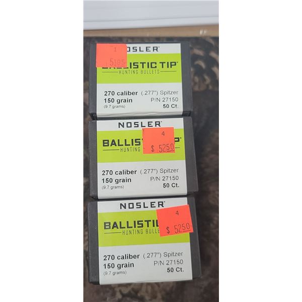 3 BOXES OF NOSLER .270 CAL 150GR .277" SPITZER BALLISTIC TIP 50/BOX