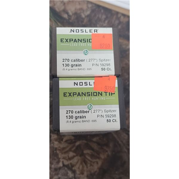 2 BOXES OF NOSLER .270 CAL .277 SPITZER 130GR EXPANSION TIP 50/BOX