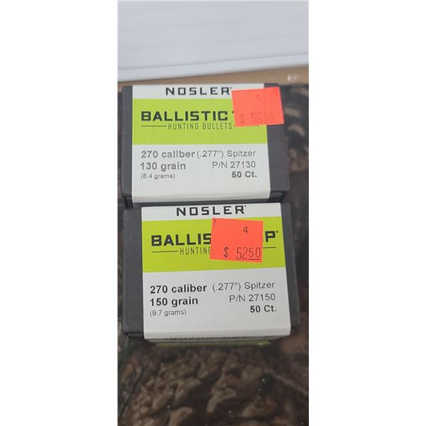 2 BOXES OF NOSLER .270 - ONE BOX IS 130GR AND ONE BOX IS 150GR. BALLISTIC TIP 50/BOX