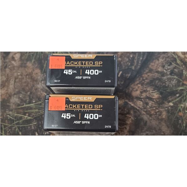 2 BOXES OF 45CAL 400 GR .458 SPFN, JACKETED SOFTPOINT 50/BOX