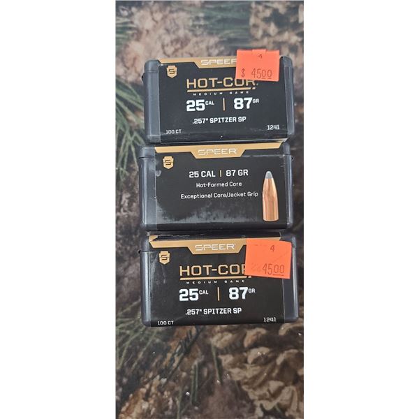 3 BOXES OF .25 CAL 87GR .257" SPITZER SP HOT-COR, 100/BOX