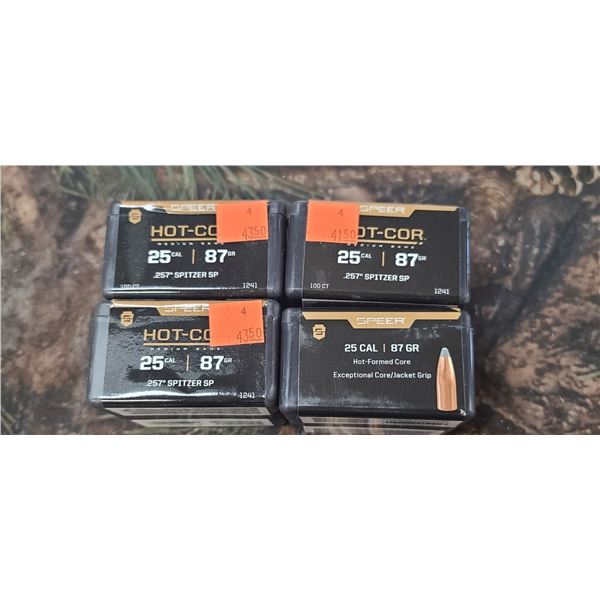 4 BOXES OF .25 CAL 87GR .257" SPITZER SP HOT-COR, 100/BOX
