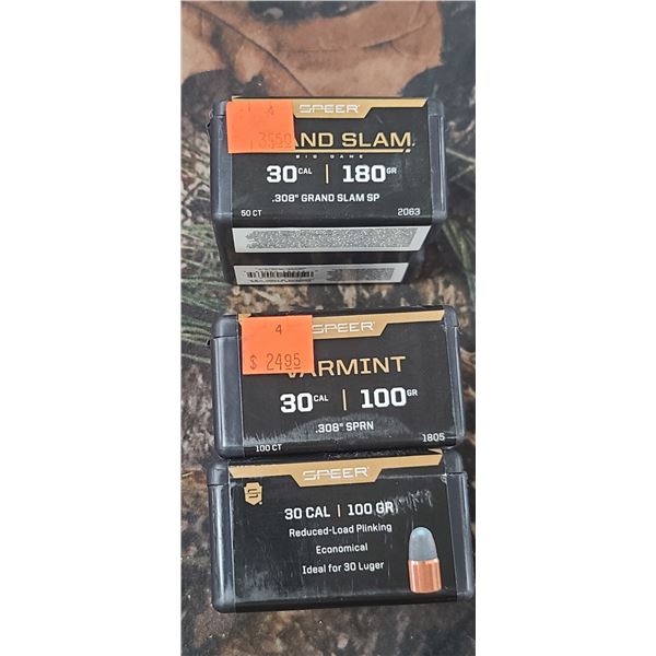 3 BOXES OF .30CAL .308 - 2 BOXES ARE .30 CAL 100GR .308 SPRN 100 /BOX AND 1 BOX OF 30 CAL 180GR GRAN