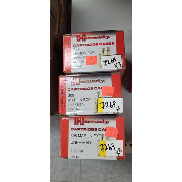 HORNADY 308 MARLIN EXP MAG UNPRIMED BRASS CASES 150PCS