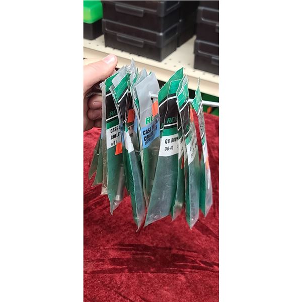 21 ASSORTED RCBS RUBE ADAPTORS, SHELL HOLDERS, BRUSH HANDLE, COLLECTS, PILOT NECK REATTERS