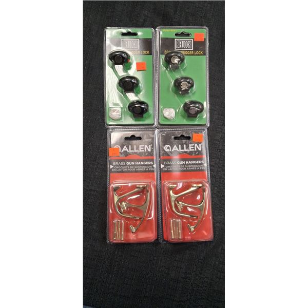 ALLEN BRASS GUN HANGERS, ECONOMY TRIGGER LOCKS - 4 ITEMS