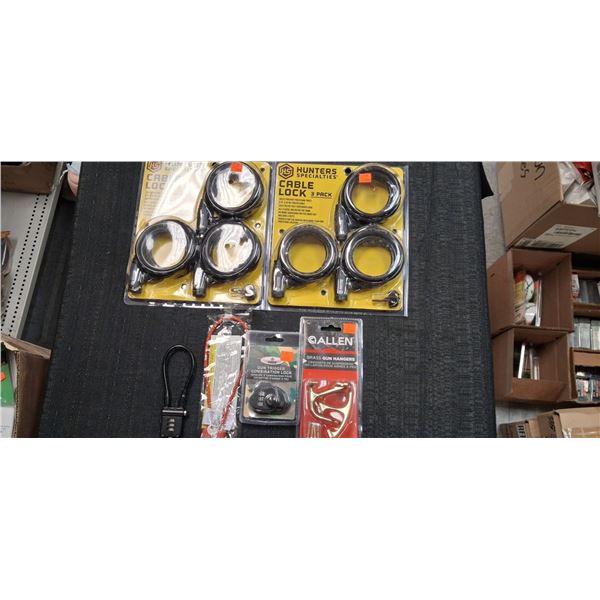 TRIGGER LOCKS, ALLEN BRASS GUN HANGER, HUNTER'S CABLE LOCKS - 6 ITEMS