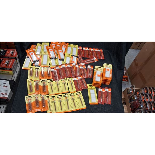 LARGE BOX OF .22/.270 GUN PATCHES, .30/.32/8MM RIFLE BORE BRUSH, 6.5MM, .243/.25 BRUSH, 10 GA BRUSH