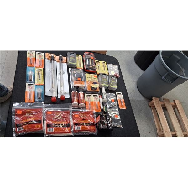 ASSORTED PISTOL BORE SNAKES, PATCHES, CLEANERS, BRUSHES, CLEANING KIT - 33 ITEMS