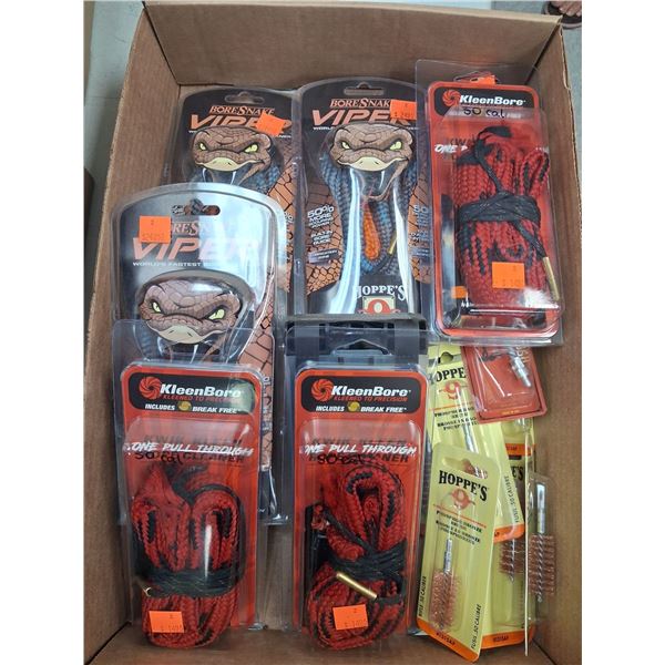 ASSORTED LOT OF 50 CALIBER BORE SNAKES / BRUSHES - 1 BOX OF 24 ITEMS