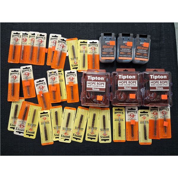 ASSORTED LOT OF 9MM BORE SNAKES AND BRUSHES - 35 ITEMS