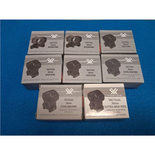 VORTEX TACTICAL RINGS, 3-30MM EXTRA HIGH PN TRXHAC, 3-30MM HIGH PN TRH, 2-30MM MED PN TRM - 8 TOTAL