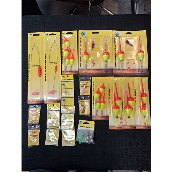 MIX LOT OF PREMIUM FLOATS, 2OZ & 1/2 OZ BOTTOM BOUNCERS, BELLS, BOBBER STOPS - 4 LOTS OF 1 BAG