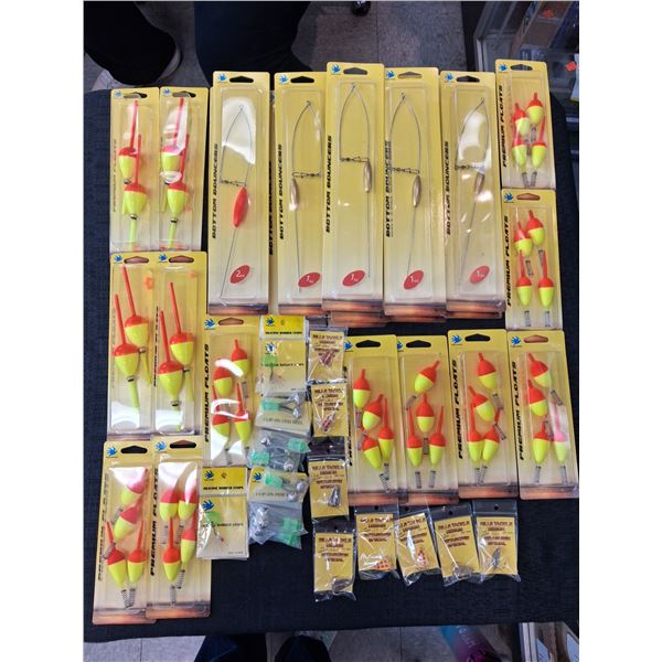 HUGE MIX LOT OF PREMIUM FLOATS, BELLS, BOTTOM BOUNCERS, SMALL FLOATS, WETASKWIN HOOKS - 16 ITEMS