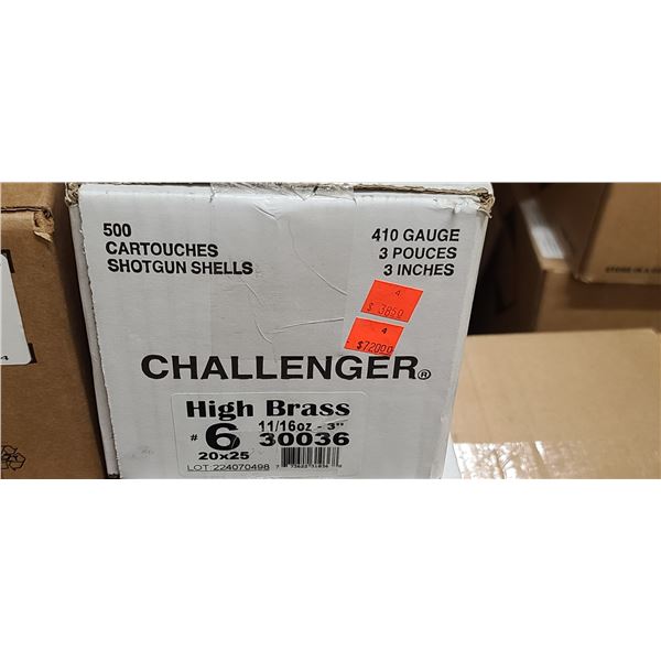 1 CASE CHALLENGER 410 GAUGE 3", #6 SHOT, 500 ROUNDS PER CASE PAL REQUIRED, NO SHIPPING ON AMMUNTION