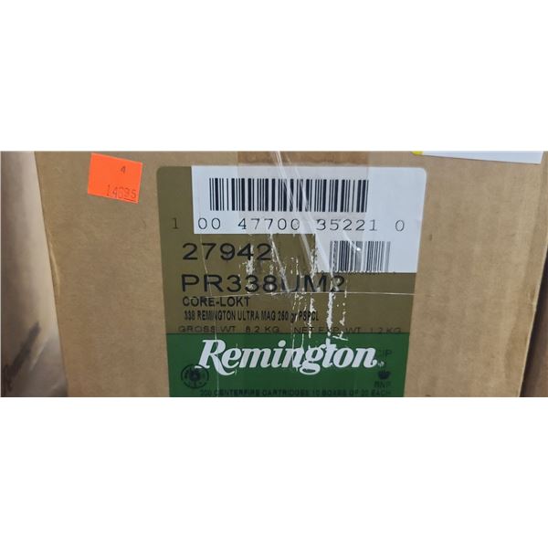 1 CASE REMINGTON 338 ULTRA MAG. 260 GRAIN CORELOK 200 ROUNDS  PER CASE PAL REQUIRED, NO SHIPPING ON 