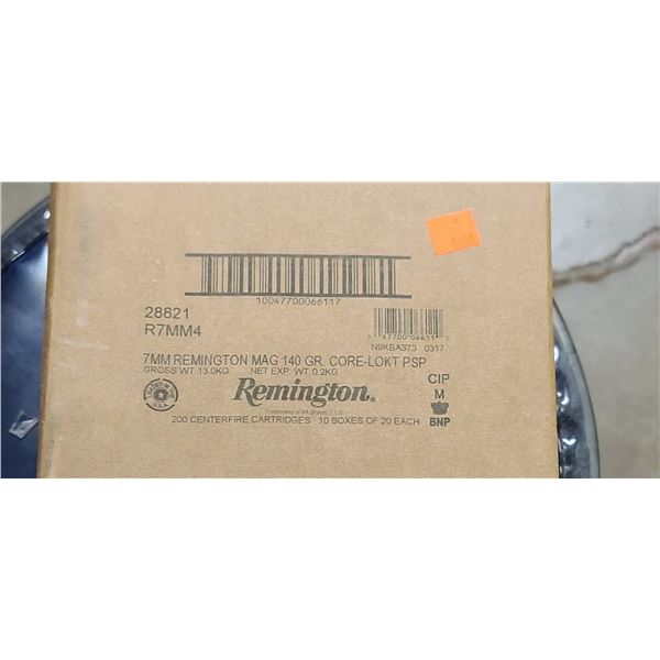 1 CASE REMINGTON 7MM REM MAG. 140 GRAIN. CORE LOKI PSP,200 ROUNDS, PAL REQUIRED, NO SHIPPING ON AMMU