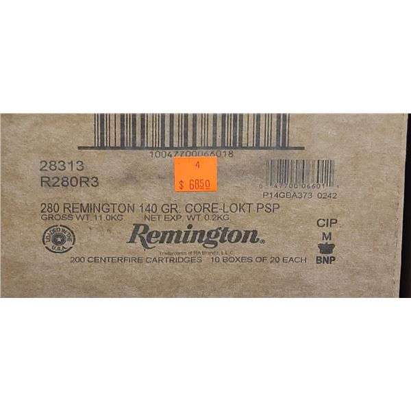 1 CASE REMINGTON 280 WIN. 140 GRAIN. CORE LOKI PSP,200 ROUNDS, PAL REQUIRED, NO SHIPPING ON AMMUNTIO