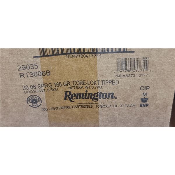 1 CASE REMINGTON 30-06 SPRG. 165 GRAIN. CORE LOKI TIPPED,200 ROUNDS, PAL REQUIRED, NO SHIPPING ON AM