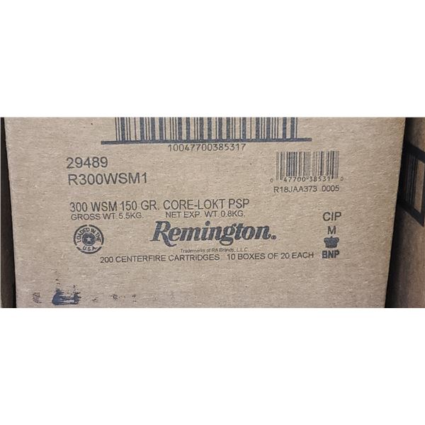 1 CASE REMINGTON 300 WSM. 150 GRAIN. CORE LOKI PSP,200 ROUNDS, PAL REQUIRED, NO SHIPPING ON AMMUNTIO