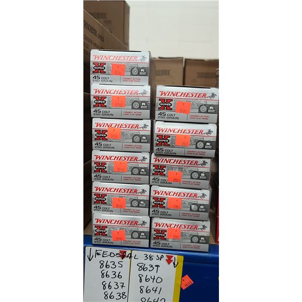 11 BOXES WINCHESTER 45 COLT 250 GRAIN LEAD FLAT NOSE 55O ROUNDS, PAL REQUIRED, NO SHIPPING ON AMMUNT